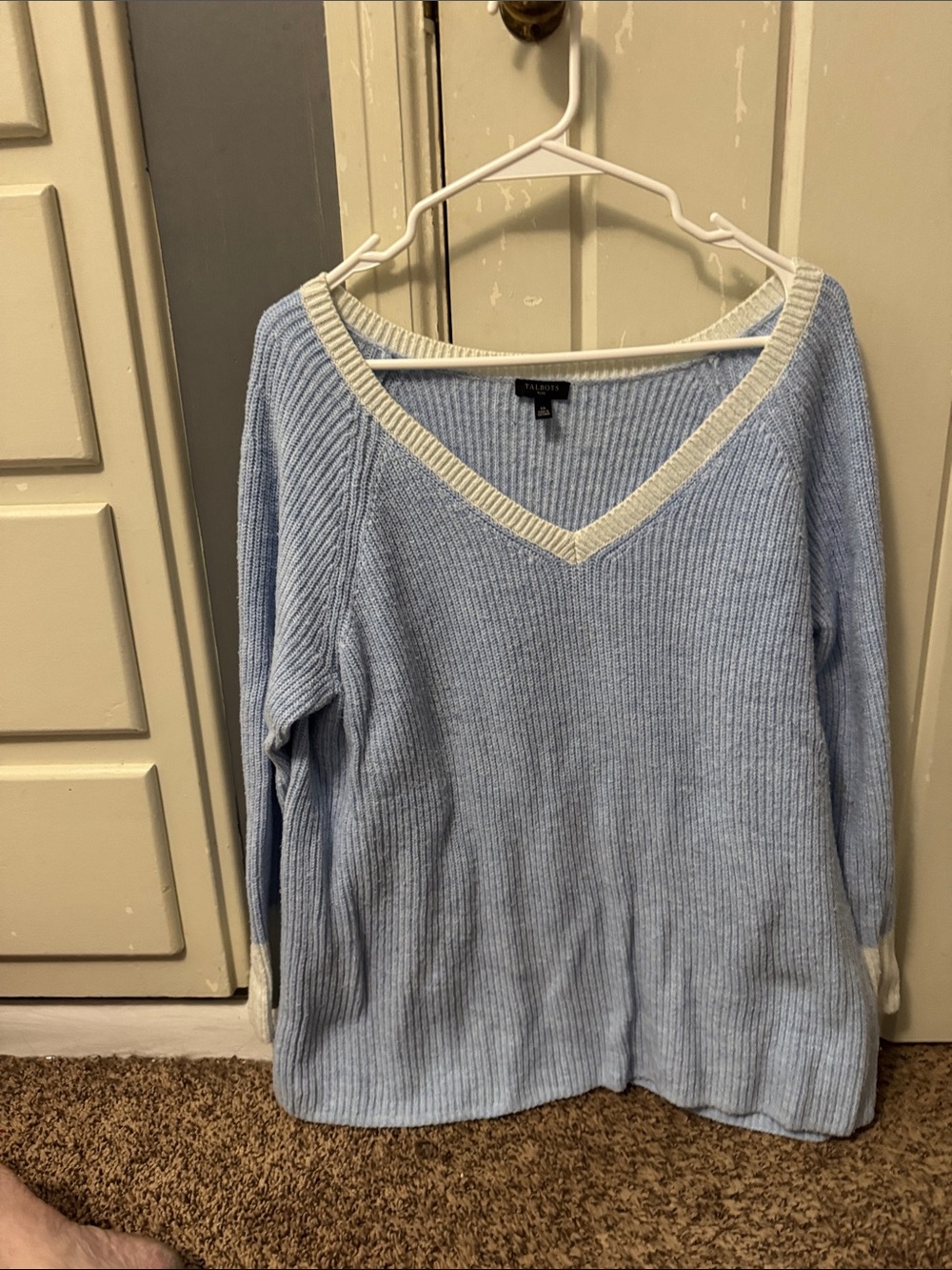Talbots Light Blue V-Neck Sweater with Cream Trim